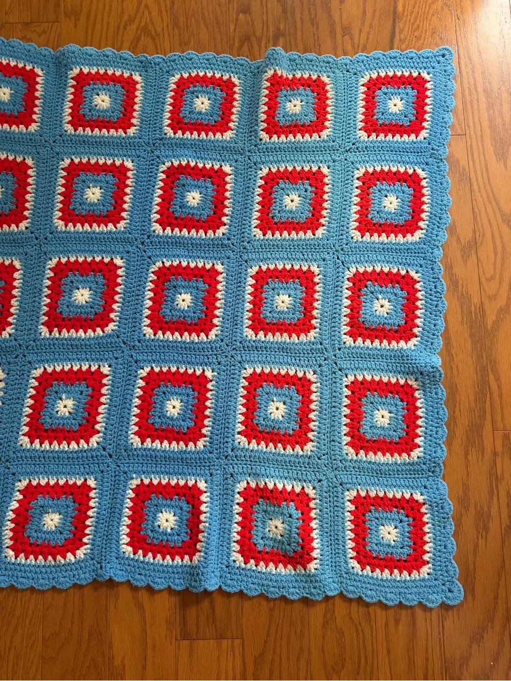 Handmade Crochet Granny Square Blanket Throw in Blue, Red & Cream 5x5